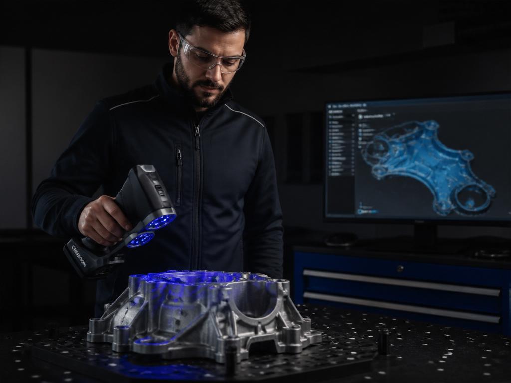 Técnico escaneando peça industrial com scanner 3D laser em ambiente escuro