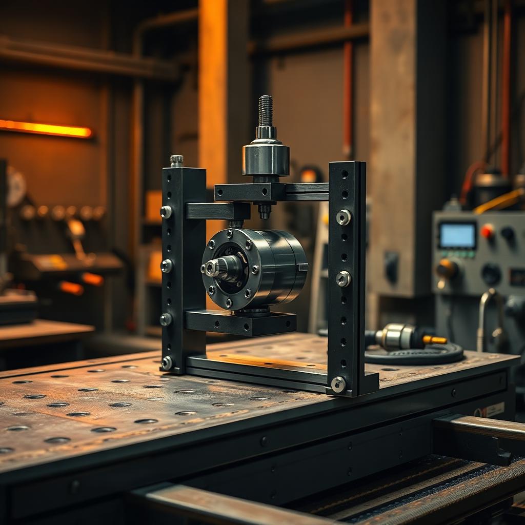 Gabarito metálico customizado fixando peça usinada em bancada de CNC