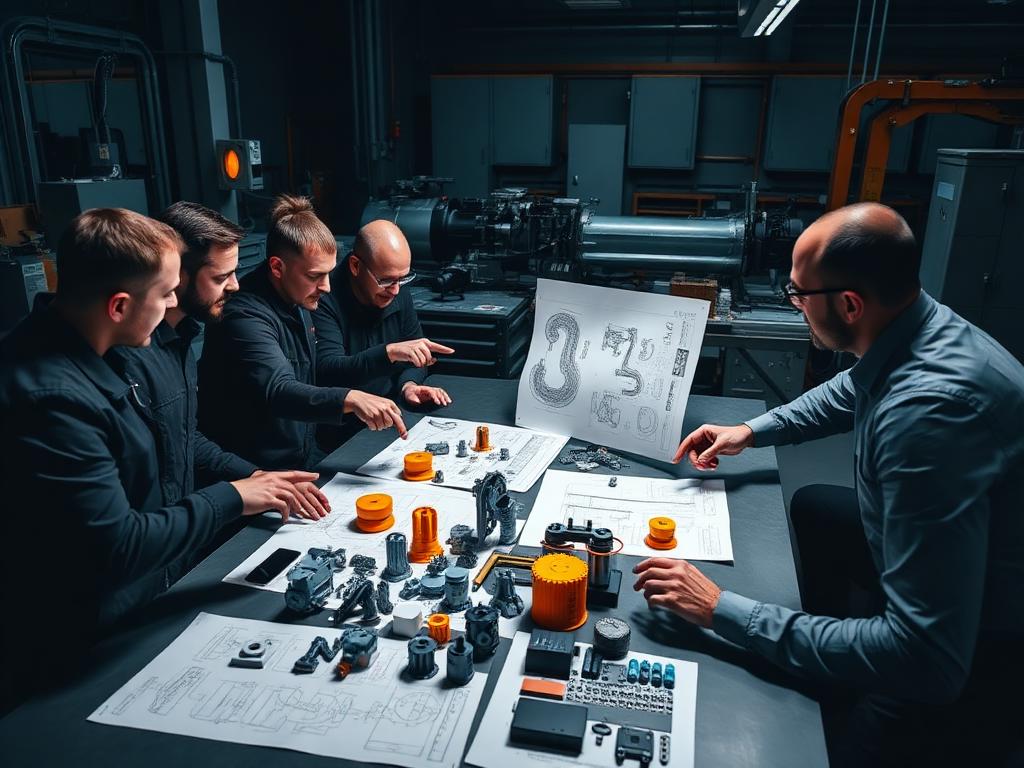 Reunião técnica com peças impressas em 3D e desenhos sobre a mesa