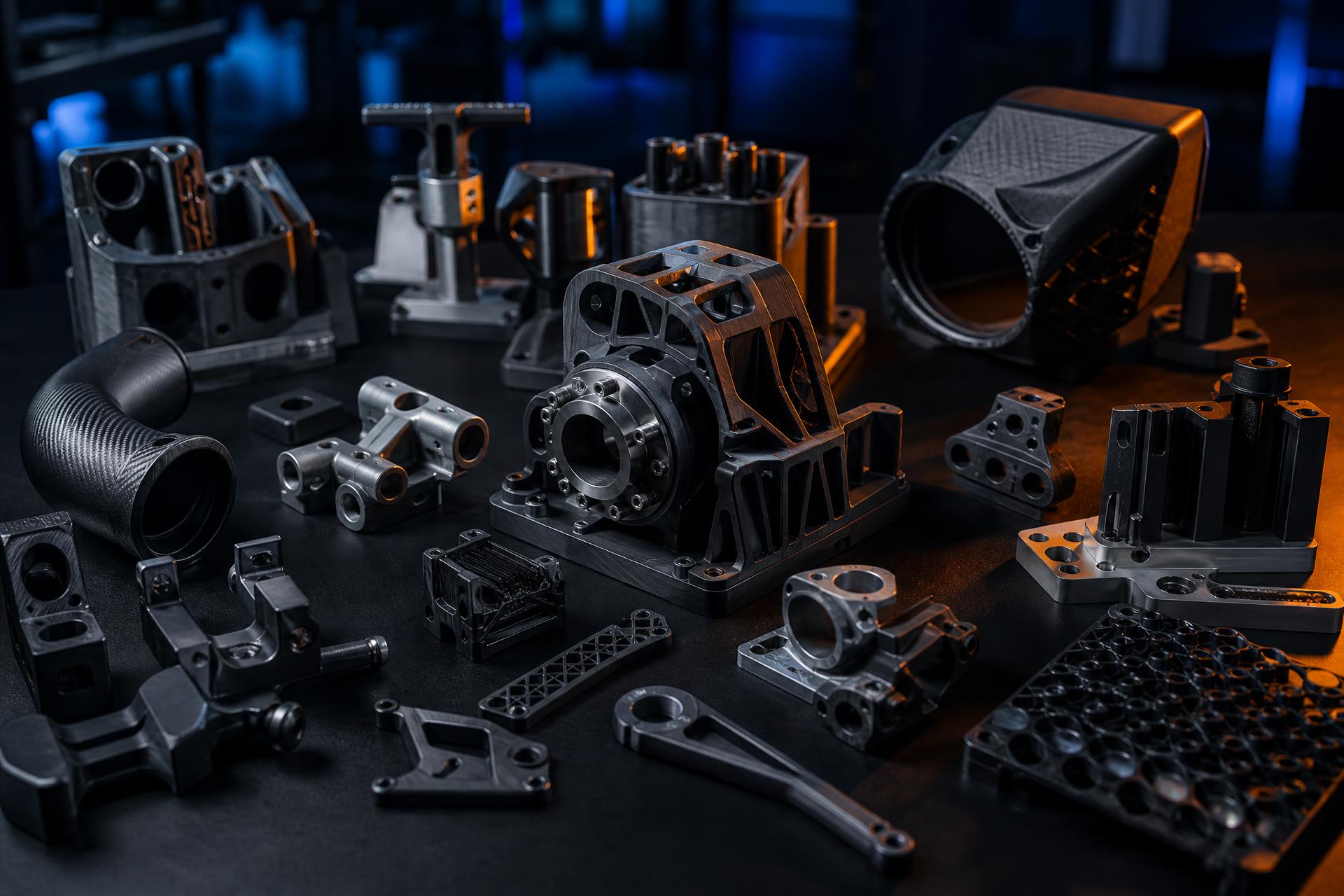 Dispositivos e componentes técnicos impressos em 3D dispostos em ambiente industrial